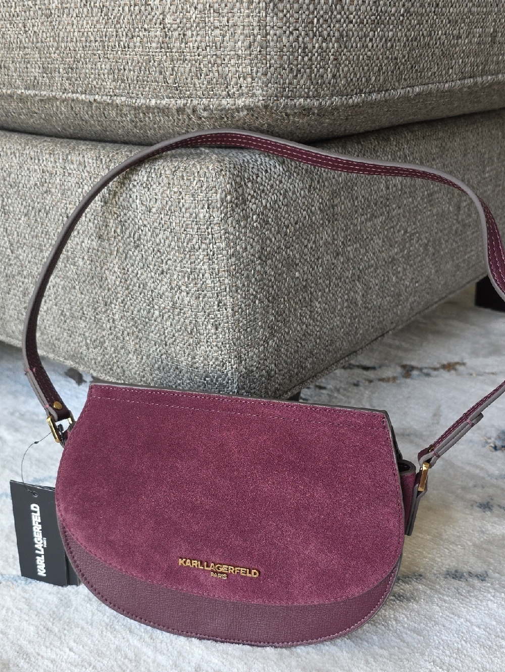 Karl Lagerfeld Burgundy Suede Saddle Crossbody Bag